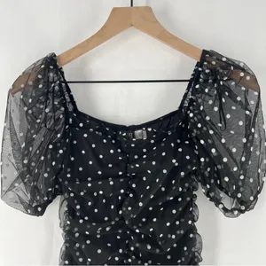 H&M Black & White Polka‎ Dot Mesh Puff Sleeve Ruffle Trim Ruched Mini Dress XXS thumbnail 2