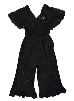 💖 Black Sheer Lace Cropped Ruffle‎ Jumpsuit Romper Whimsigoth Gothic Romantic thumbnail 1