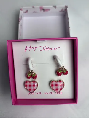 Betsey Johnson Strawberry Hoops & Gingham Heart Earrings Set New In Box thumbnail 1