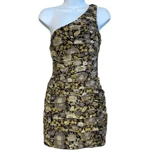 🆕 ZARA One Shoulder Floral Metallic Brocade Tiered Ruffle‎ Mini Dress NWOT XXS thumbnail 2