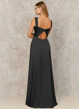 Azazie NWT X KENDALL + KYLIE A-Line Ruched Stretch Satin Floor-Length Dress in Black. Size 10. thumbnail 5