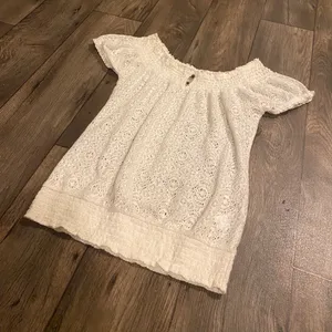 Lucky Brand White Crochet Boho Tunic Top Semi Sheer Short Sleeve Small thumbnail 3