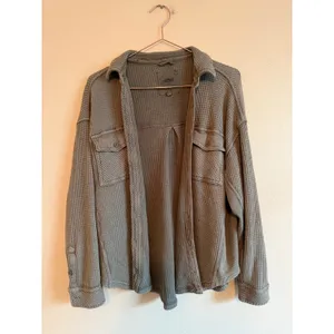 Aerie Women Button Down XXS Olive Gray Waffle Knit Oversized Shacket Shirt thumbnail 2