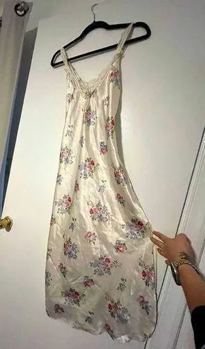 Vintage Floral Satin Slip Nightgown Lingerie Cottagecore pearl dangle midi dress thumbnail 1