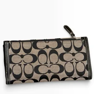 Vintage Coach Signature C Jacquard Trifold Wallet Black Leather Long Checkbook thumbnail 2