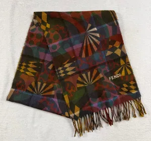 FENDI Multicolor Geometric Abstract Scarf Embroidered Logo Fringe Bohemian Fall thumbnail 1