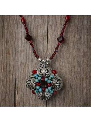 Vintage Southwest Red Bead Necklace with Turquoise & Ornate Silver Pendant thumbnail 4