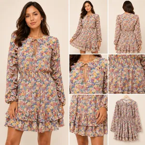 Zara Pink Blue Floral Ruffle Mini Dress Long Sleeve Smocked Tiered‎ Boho Travel thumbnail 3