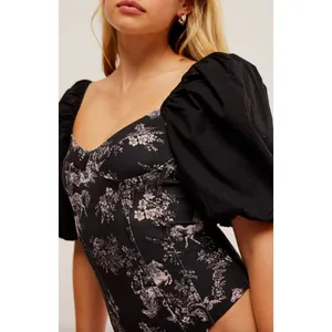 Free People Prarie Rose Puff Sleeve Bodysuit Black Coquette Romantic Large NWT thumbnail 3