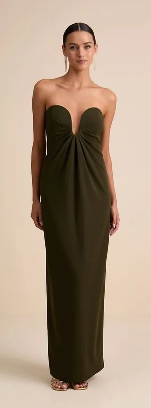 NWT Lulus Thula Dark Olive Cutout U-Bar Column Maxi Dress Strapless Gala Size L thumbnail 1