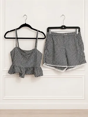 Aerie Black White Gingham Peplum Cami Lace Trim Shorts Set S Preppy Coquette thumbnail 2