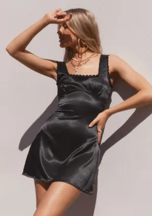 Princess Polly Black Satin Mini Dress thumbnail 1