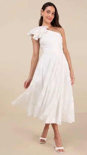 NWT Lulus Sweet Definition White Burnout Ruffled One-Shoulder Midi Dress Size XL thumbnail 1