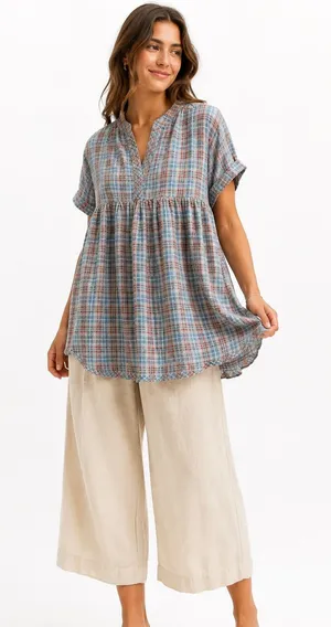 Easel Blue Plaid Babydoll Tunic Top S Oversized Boho Cottagecore Peasant thumbnail 1