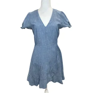 J.Crew‎ Chambray Denim Fit & Flare Dress Size 4 Blue V-Neck Flutter Sleeve thumbnail 3