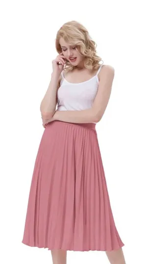 Kate Kaspin Women's High Elastic Waist Pleated Midi A-Line Swing Skirt Pink Larg thumbnail 1