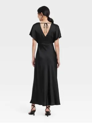 A New Day Women's Satin Flutter Short Sleeve Maxi A-Line Dress - Black, Medium thumbnail 2