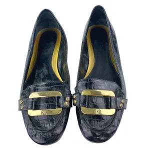 Ralph Lauren Women's Black Gold Logo Croc Leather Chain Slip On Loafers Shoes 6M thumbnail 2