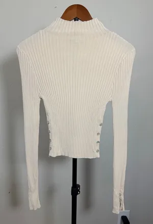 Zara Cream Ribbed Mock Neck Long Sleeve Top with Side Buttons Size M thumbnail 1