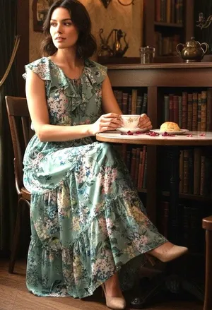 Lauren Conrad Dress Boho Fairy Green Floral Ruffle Layered Cinched Waist SZ SM thumbnail 1