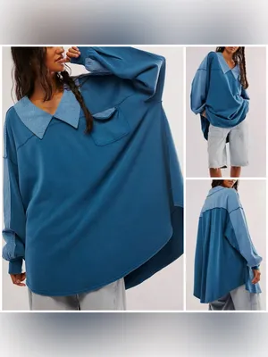 NWOT Free People Madeleine Sweatshirt - Moroccan Blue combo - Small thumbnail 2