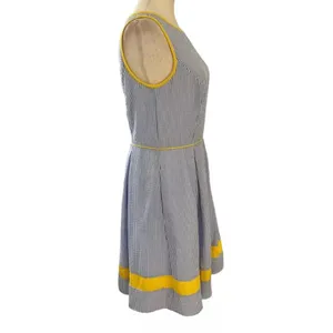 Elle Women Size Small Fit & Flare Seersucker Dress Blue Yellow Pleated | 21-917 thumbnail 2