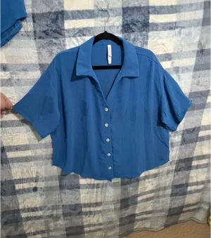 Haute Fox Blue Crinkle Short Sleeve Button-Up Shirt and Drawstring Shorts Set 2X thumbnail 2