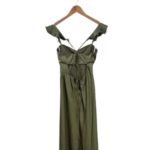 Lulus Exuberant Luxury Olive Green Satin Ruffled Lace-Up Maxi Dress size M NWT thumbnail 6