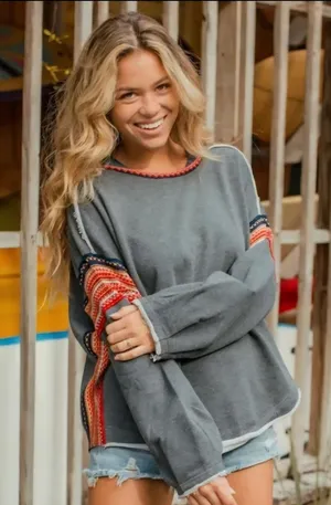 NATURAL LIFE Grey Top with Red and Navy Crochet Trim S/M thumbnail 1