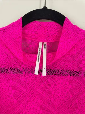 Anthropologie Bright Pink Floral Sheer Lace Long Sleeve Mock Neck Top Size Large thumbnail 4
