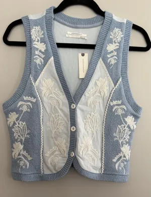 Anthropologie Embroidered Sweater Vest Blue Women's Size Small‎ thumbnail 1