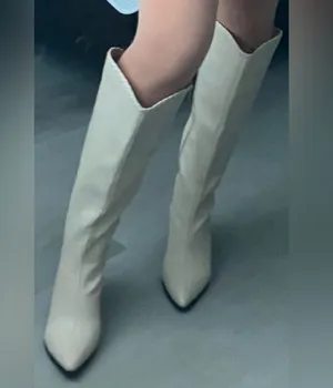 Cream knee high cowboy boots, faux leather, size 9 thumbnail 1