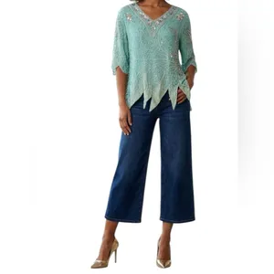 Handmade Vintage 90s Beaded Sequin Seagreen Fairycore Asymmetrical Hem Formal blouse thumbnail 3