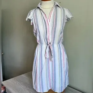 J.Crew Mercantile Rainbow Seersucker Collared Tie Front Dress Size XXS thumbnail 2