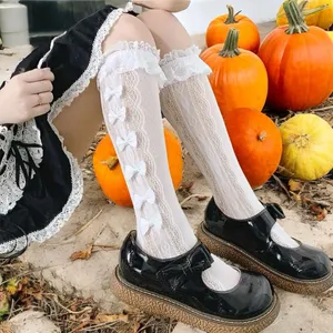 Retro Vintage Style Bow Accent Knee High Socks Flirty Ruffle Trim Soft Lace‎ thumbnail 9