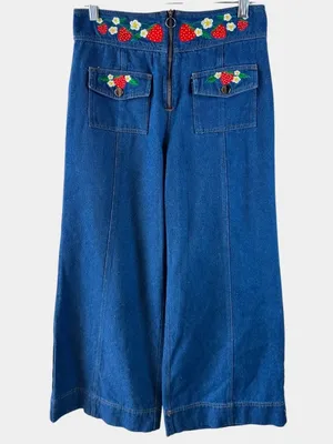 Smak Parlour Strawberry Blossom Embroidered Wide Leg Jeans M Retro Cottagecore thumbnail 2