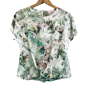 Tryst Womens S T-Shirt‎ Twist Front Round Neck Abstract Green Pink White Active thumbnail 1