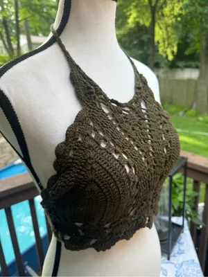 Unbranded Women's Crochet Halter Olive Green Top Cropped Adjustable Strap Size S thumbnail 5