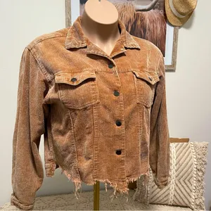 POL Frayed Hem Vintage Inspired Teddy Bear Brown Cropped Corduroy Jacket S thumbnail 6