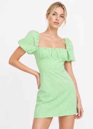 Zara Green Gingham Puff Sleeve Mini Dress Cottagecore Lace Back Medium Backless thumbnail 1