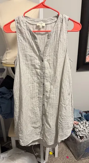 Umgee Light Gray Striped Sleeveless Button midi dress thumbnail 1