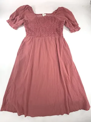 Orange Creek Rose Pink Crochet Lace Smocked Puff Sleeve Midi Dress M ID48374 thumbnail 1