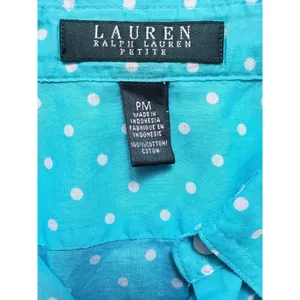 Ralph Lauren Blouse Women Medium Blue Polka Dot Top Button Up Pockets Roll Tab thumbnail 3