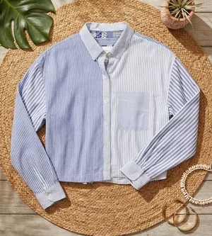 AMERICAN EAGLE Mixed Stripe Cropped Button-Up Shirt | Blue & White thumbnail 1