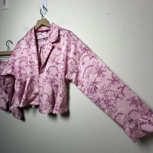 Free People Women PJ Set M Pink Beauty Sleep‎ Blushing Combo Bow Floral Peplum thumbnail 6