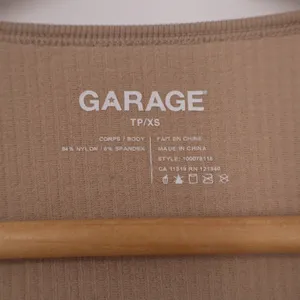 Garage Women Tan Ribbed V-Neck Long Sleeve Crop Top Beige XS thumbnail 2