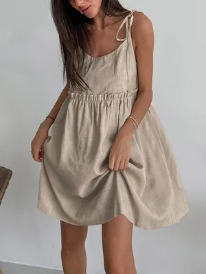 Commense Cottage Boho Tan Levanzo Tied Shoulder Cotton Linen Dress Casual XS thumbnail 1