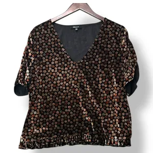 Madewell Floral Burnout Velvet V Neck Puff Sleeve Top Black Brown L Coquette thumbnail 3
