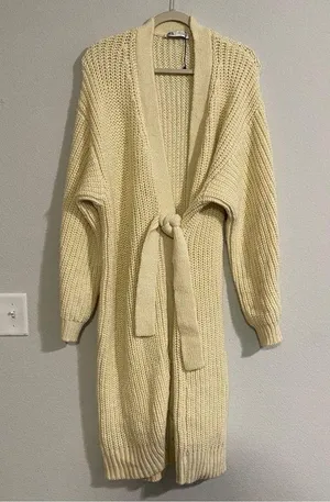Chunky Cardigan Large Belted Beige Midi Length Length thumbnail 2