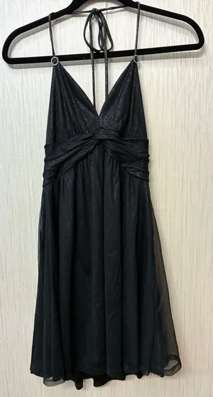 Express XS Black Metallic Sparkle Halter Mini Ruched Bodycon Tulle LBD Party Y2K thumbnail 1